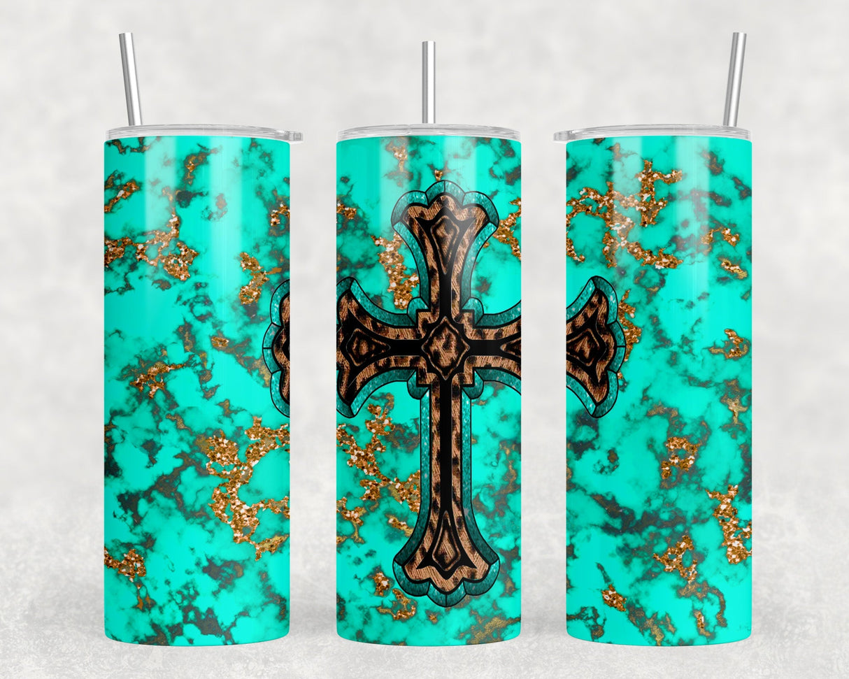 Leopard Print Turquoise Cross  - 20 oz Steel Skinny Tumbler - Optional Blue Tooth Speaker - Speaker Color will Vary by Rowdy Ridge Co