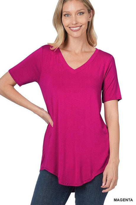 LUXE RAYON SHORT SLEEVE V-NECK HI-LOW HEM TOP - VYSN