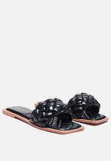 marcue patent pu quilted slides in woven straps by London Rag