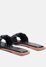 marcue patent pu quilted slides in woven straps by London Rag