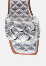 marcue patent pu quilted slides in woven straps by London Rag