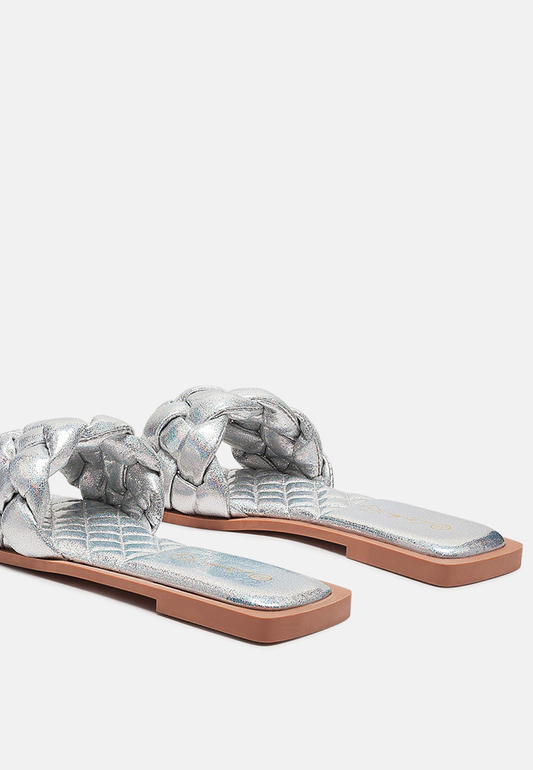 marcue patent pu quilted slides in woven straps by London Rag