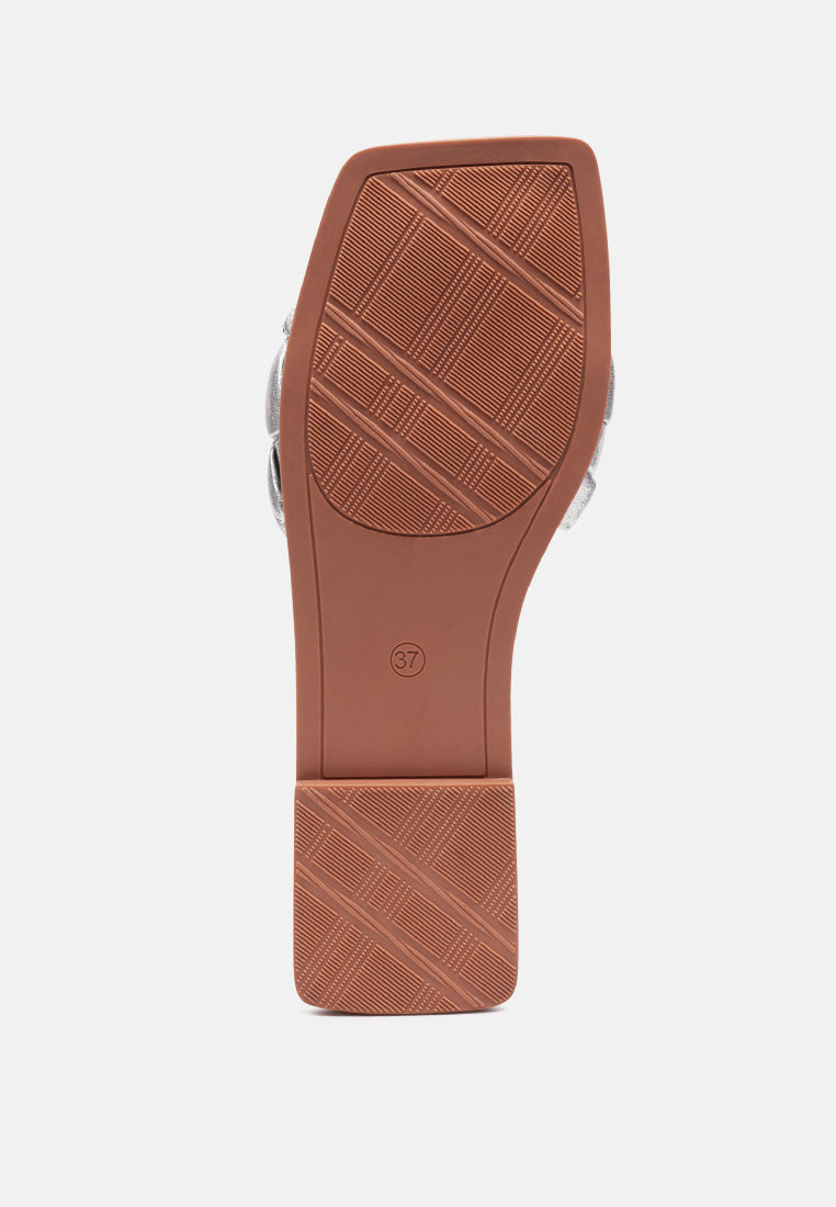 marcue patent pu quilted slides in woven straps by London Rag