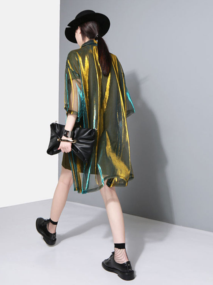 Reece Sheer Shimmer Shirt Dress - Gold Green by Marigold Shadows