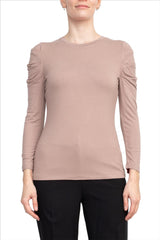 Catherine Malandrino Crew Neck Long Sleeve Ruched Shoulder Solid Knit Top by Curated Brands