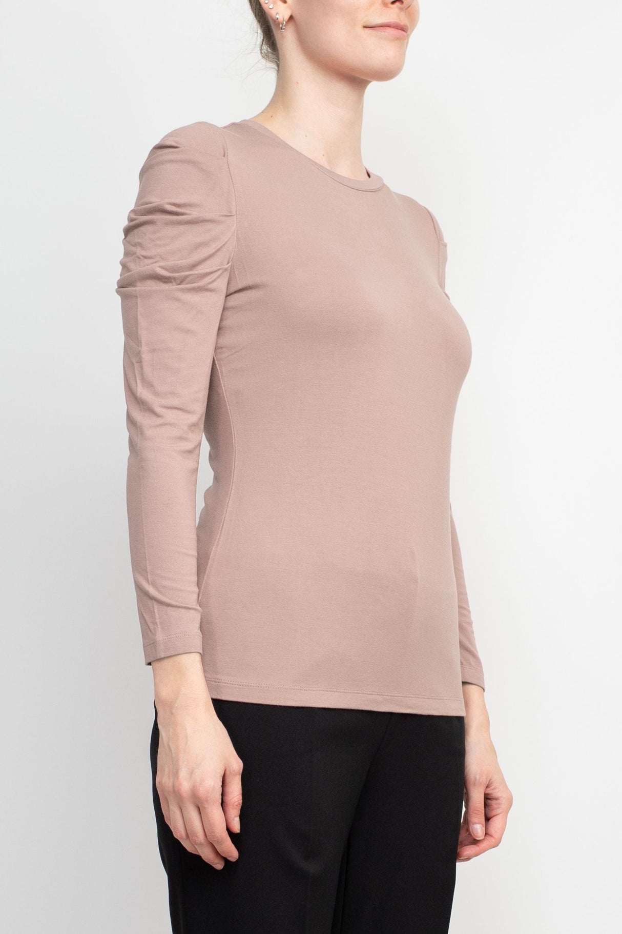 Catherine Malandrino Crew Neck Long Sleeve Ruched Shoulder Solid Knit Top by Curated Brands