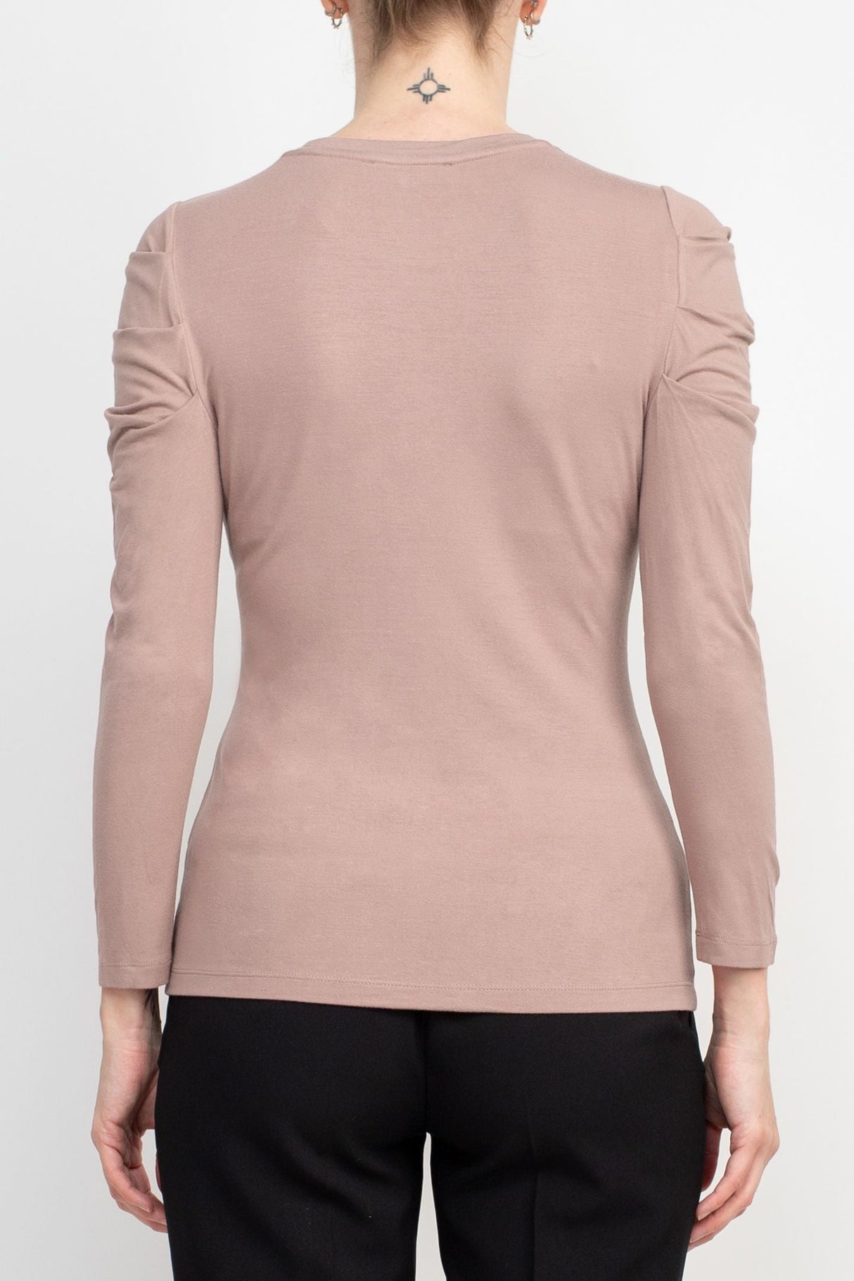 Catherine Malandrino Crew Neck Long Sleeve Ruched Shoulder Solid Knit Top by Curated Brands