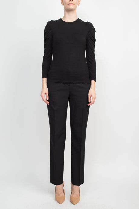 Catherine Malandrino Crew Neck Long Sleeve Ruched Shoulder Solid Knit Top by Curated Brands