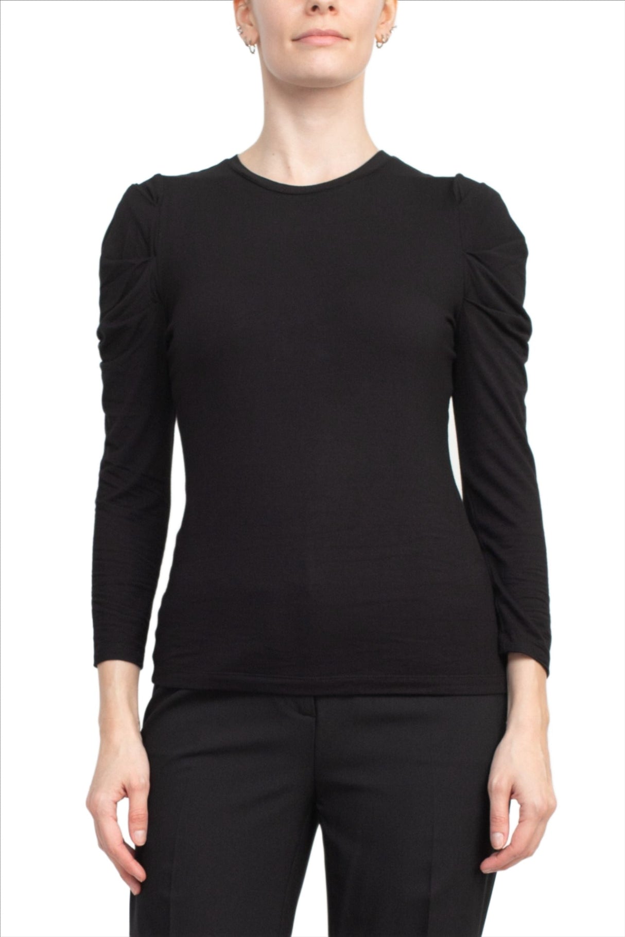 Catherine Malandrino Crew Neck Long Sleeve Ruched Shoulder Solid Knit Top by Curated Brands