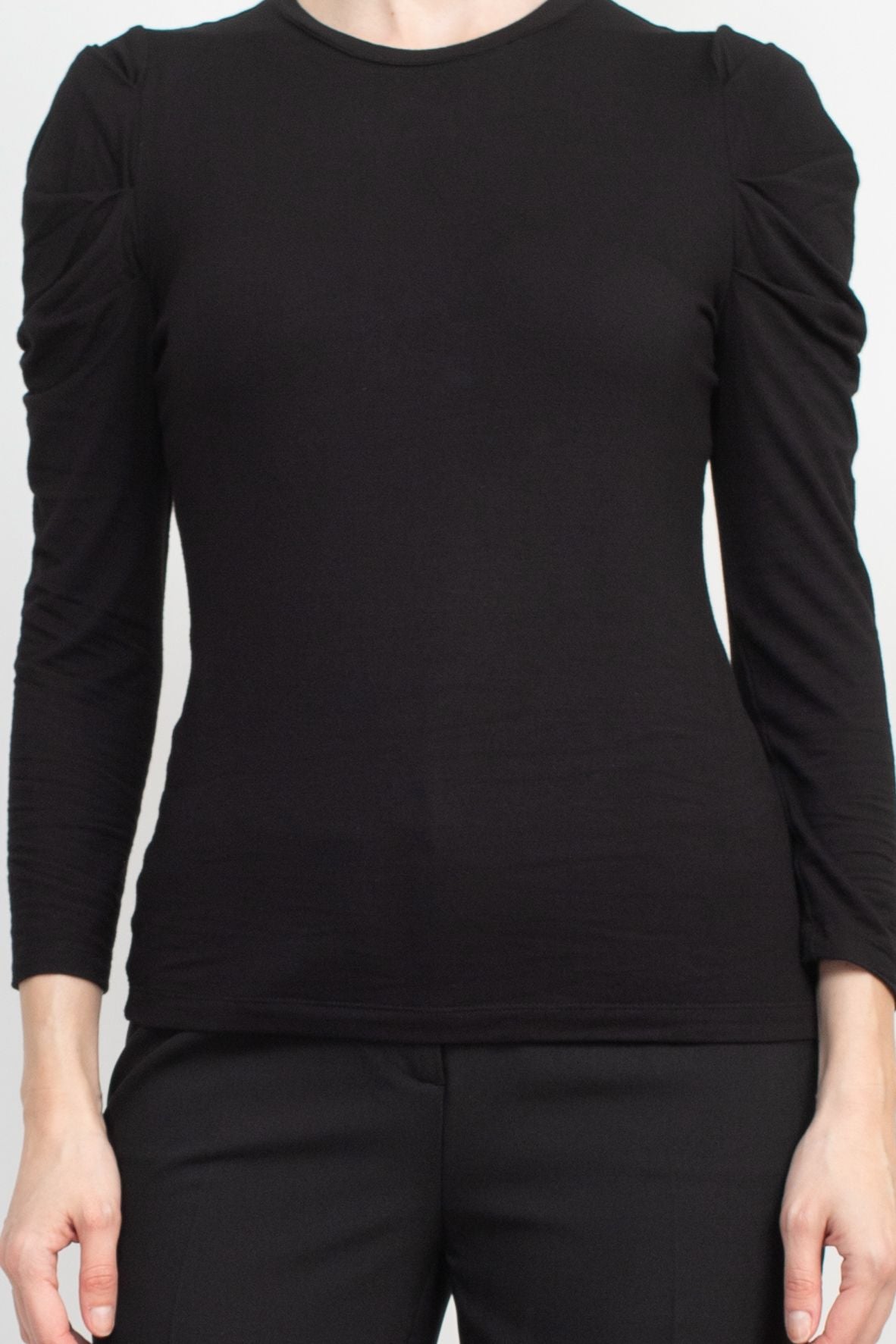 Catherine Malandrino Crew Neck Long Sleeve Ruched Shoulder Solid Knit Top by Curated Brands