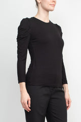 Catherine Malandrino Crew Neck Long Sleeve Ruched Shoulder Solid Knit Top by Curated Brands