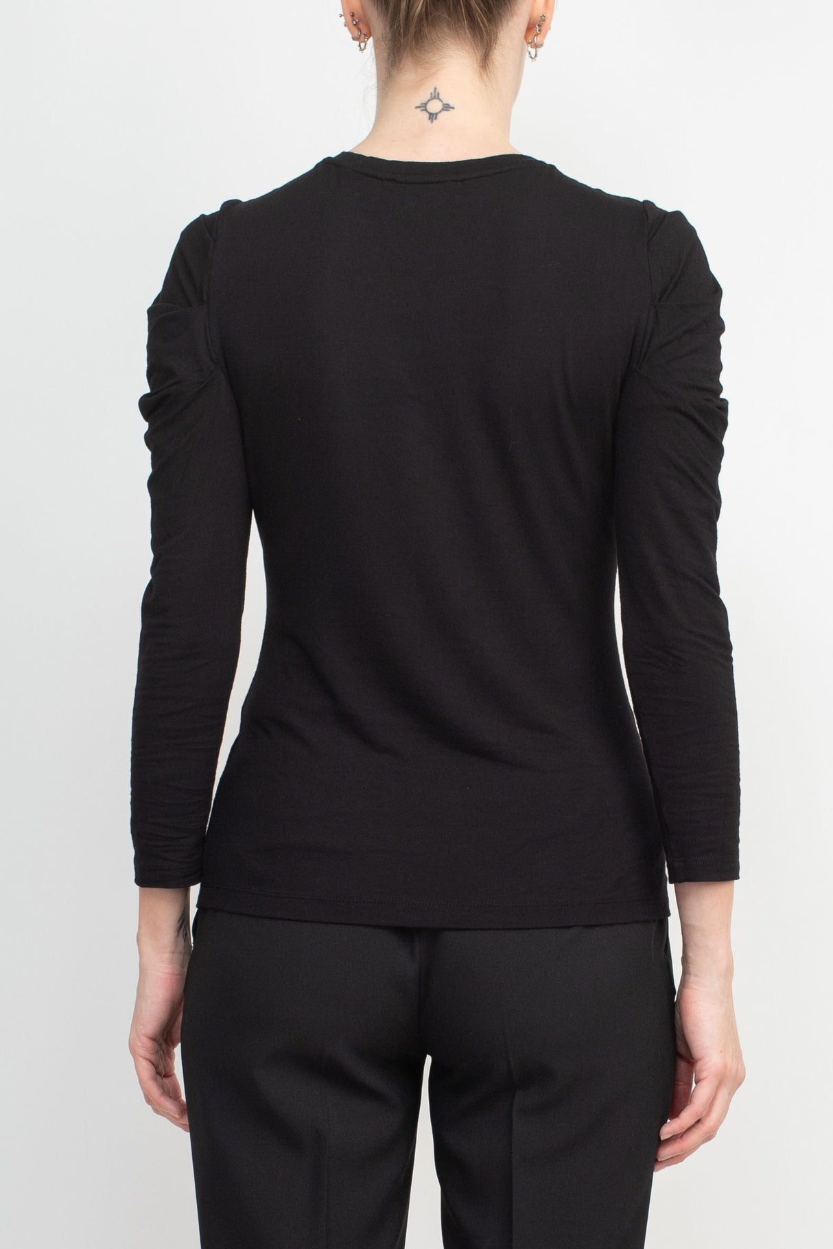 Catherine Malandrino Crew Neck Long Sleeve Ruched Shoulder Solid Knit Top by Curated Brands