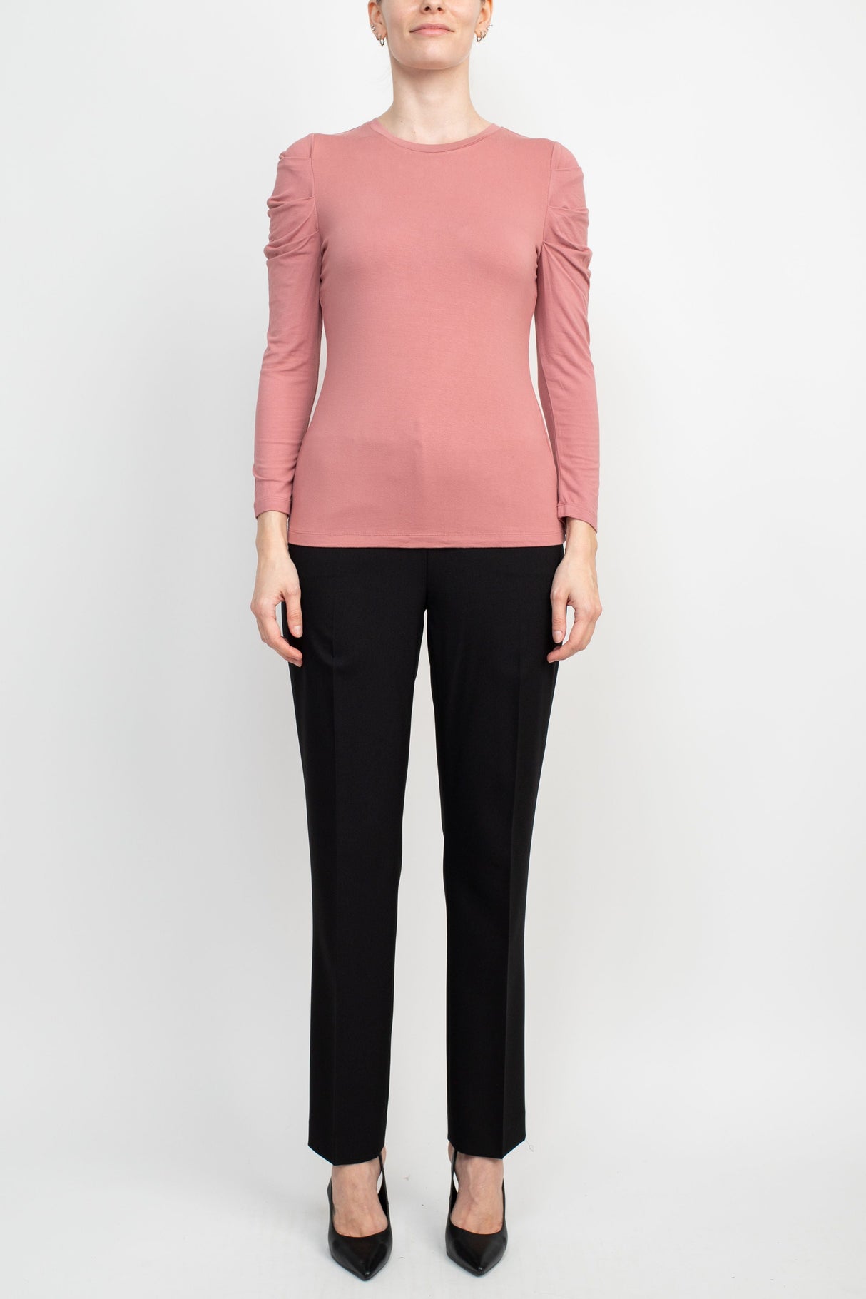 Catherine Malandrino Crew Neck Long Sleeve Ruched Shoulder Solid Knit Top by Curated Brands