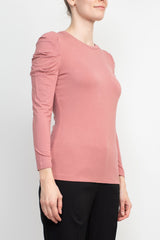 Catherine Malandrino Crew Neck Long Sleeve Ruched Shoulder Solid Knit Top by Curated Brands