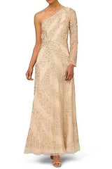 Aidan Mattox Light Gold Beaded One Shoulder Long Sleeve A-Line Gown by Curated Brands