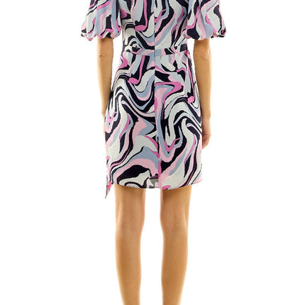 Nicole Miller V-Neck Pleat Puff Sleeve Zipper Back Multi Print Chiffon Dress by Curated Brands
