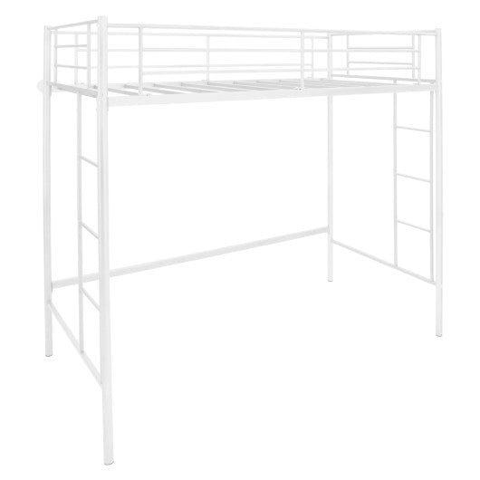 Twin Loft Bed Frame with 2 Ladders Full-length Guardrail -White