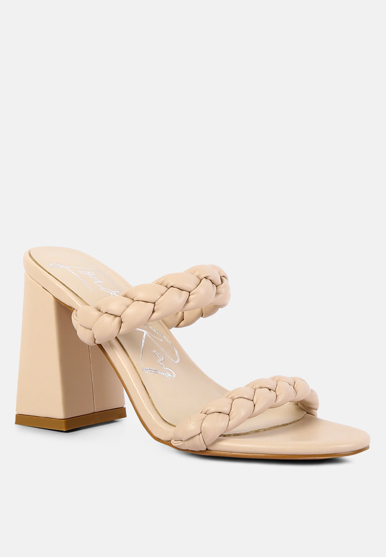 mi amor braided strap triangular block heels sandals by London Rag