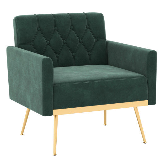 Modern Velvet Accent Chair with Button Tufted Back Golden Metal Legs and Adjustable Foot Pads-Green