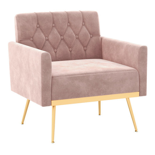 Modern Velvet Accent Chair with Button Tufted Back Golden Metal Legs and Adjustable Foot Pads-Pink