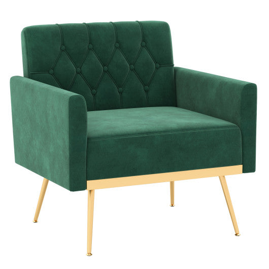 Modern Velvet Accent Chair with Button Tufted Back Golden Metal Legs and Adjustable Foot Pads-Turquoise