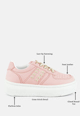 Monigue Faux Leather Cross Stitch Detail Sneakers by London Rag