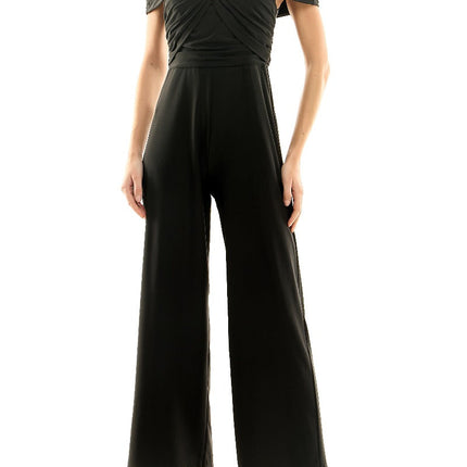 Nicole Miller Off Shoulder Ruched Front Zipper Back Solid Scuba Jumpsuit by Curated Brands