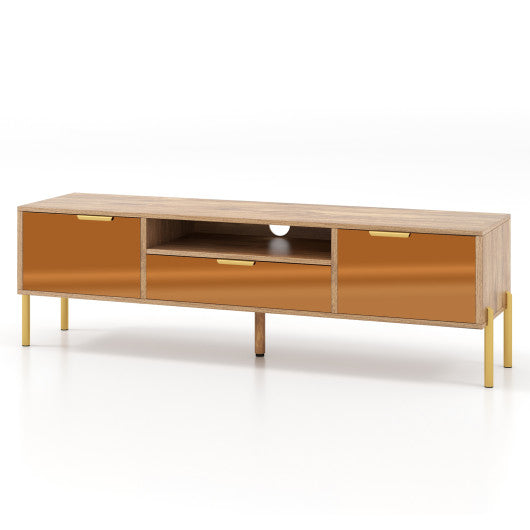 Mirrored TV Stand for TV up to 65 Inch with Spacious Tabletop and 2 Storage Cabinets-Natural