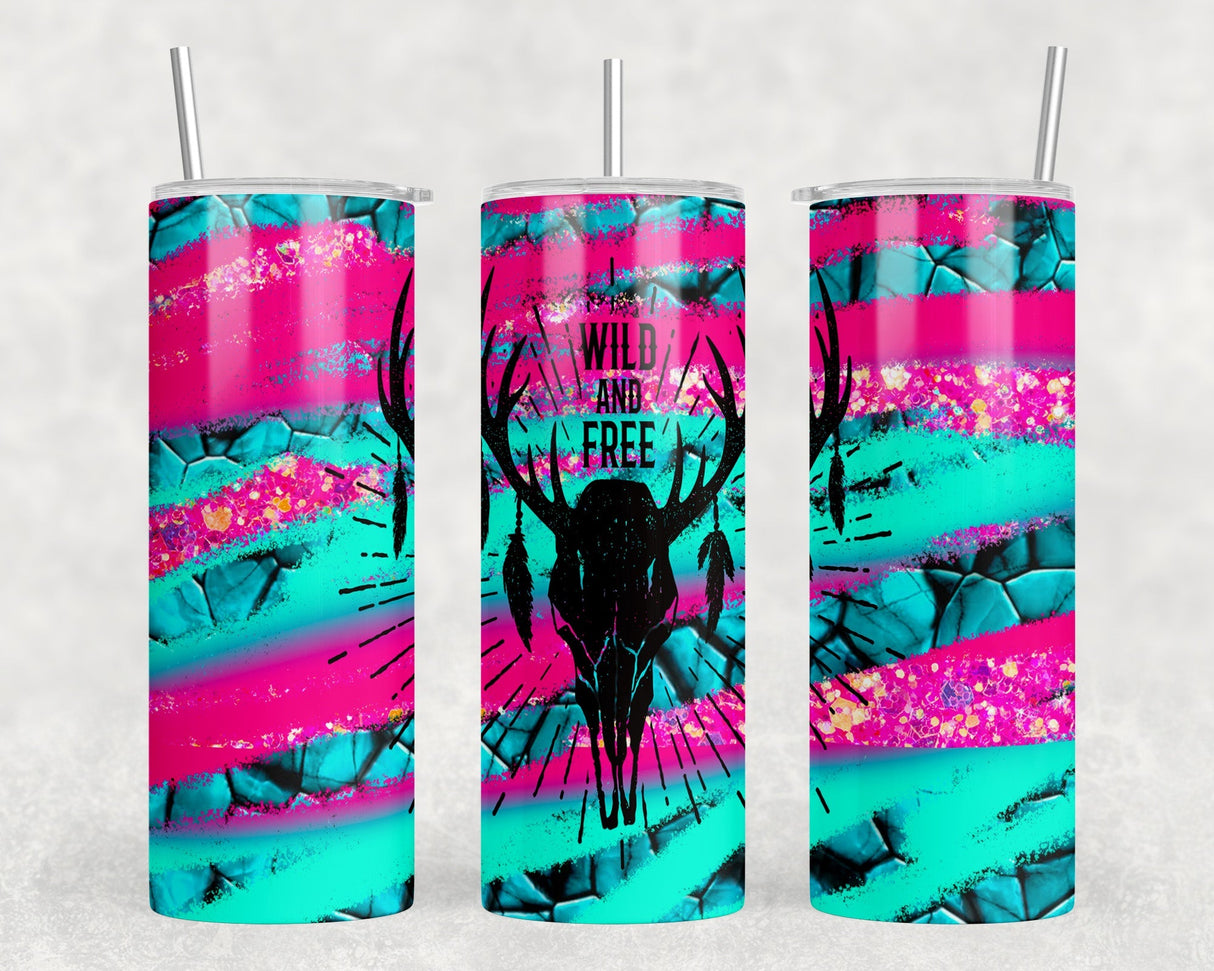 Neon Deer Skull - 20 oz Steel Skinny Tumbler - Optional Blue Tooth Speaker - Speaker Color will Vary by Rowdy Ridge Co