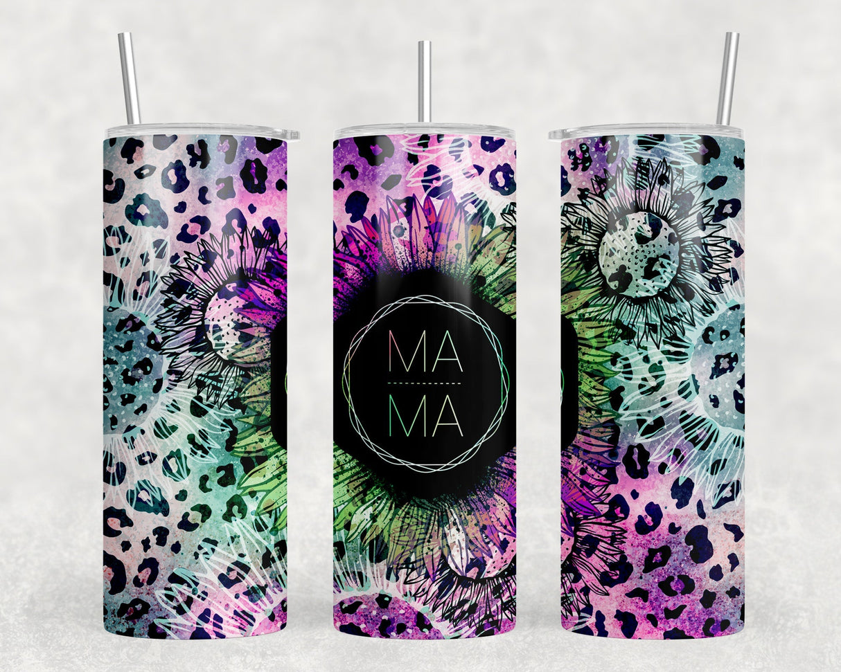 Neon Leopard Print Mama  - 20 oz Steel Skinny Tumbler - Optional Blue Tooth Speaker - Speaker Color will Vary by Rowdy Ridge Co