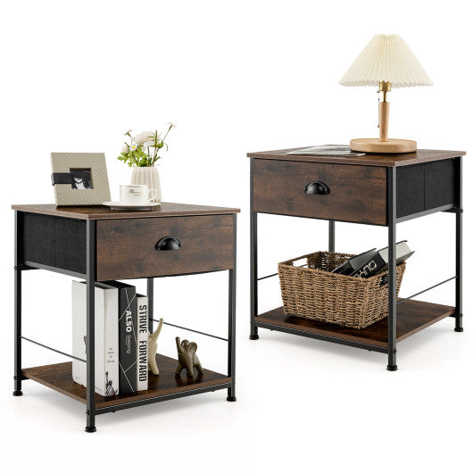 2 Tiers Nightstand with Open Storage Shelf for Living Room Bedroom-2 Pieces