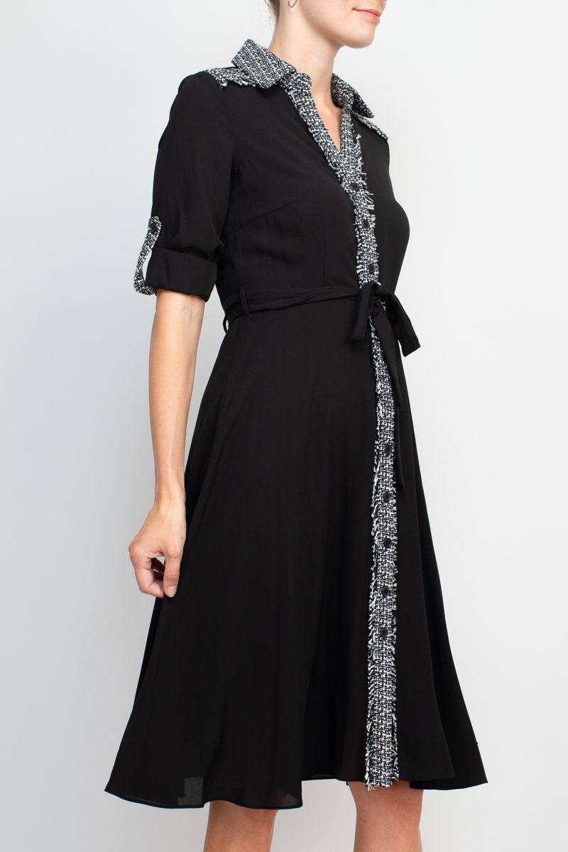 Nanette Lepore collared crochet detail button down folded sleeve tie waist chiffon dress by Curated Brands