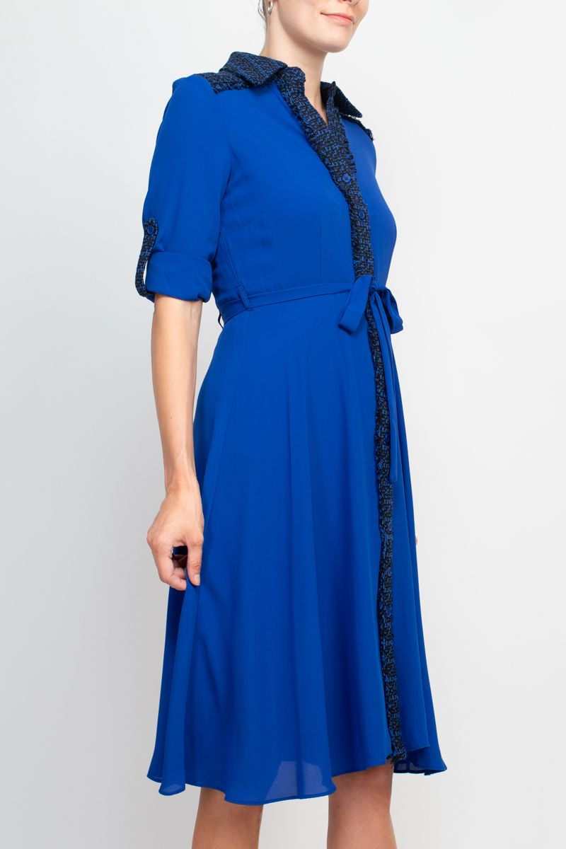 Nanette Lepore collared crochet detail button down folded sleeve tie waist chiffon dress by Curated Brands