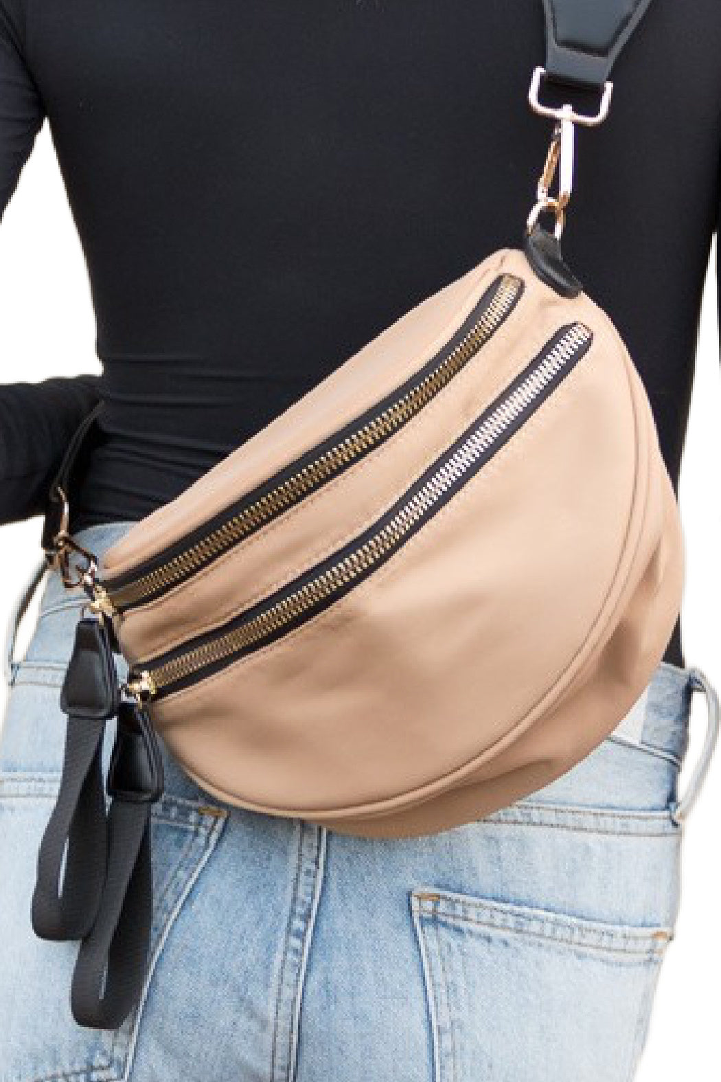 Double Zip Half Moon Sling Bag by Embellish Your Life