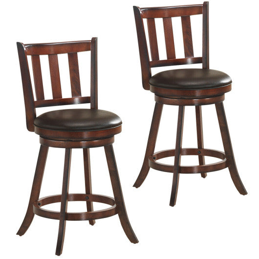 2 Pieces 360 Degree Swivel Wooden Counter Height Bar Stool Set with Cushioned Seat-25 inches