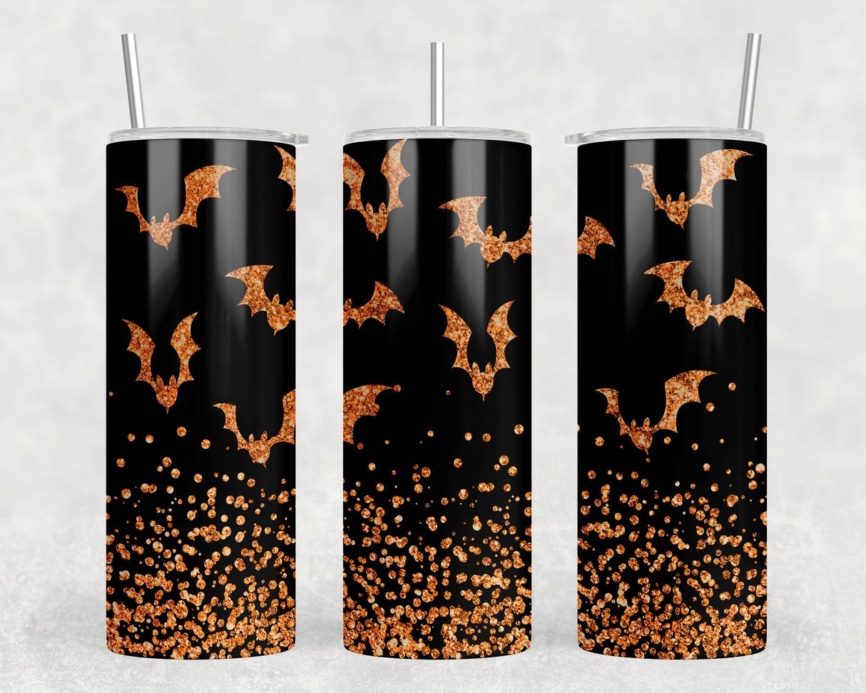 Orange faux glitter Bats - 20 oz Steel Skinny Tumbler - Optional Blue Tooth Speaker - Speaker Color will Vary by Rowdy Ridge Co