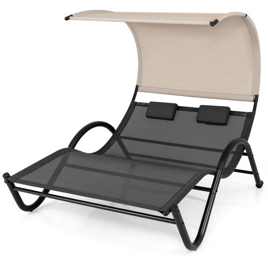 Outdoor Double Chaise Lounge Chair with Sunshade Canopy and Headrest Pillows-Black