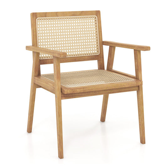 Indonesia Teak Wood Chair with Natural Rattan Seat and Curved Backrest for Backyard Porch Balcony