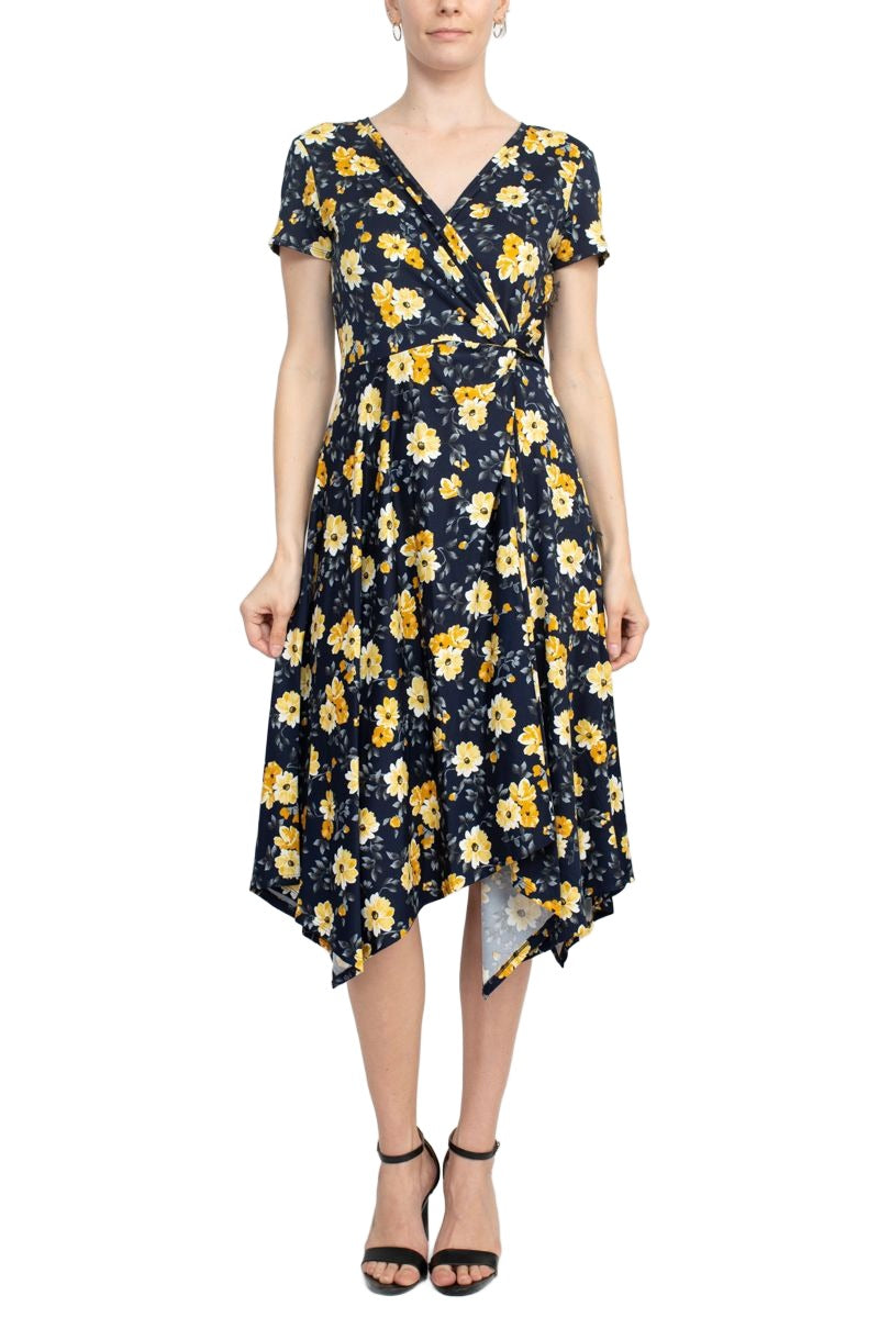 Perceptions V-Neck Short Sleeve Gathered Side Floral Print ITY Dress by Curated Brands