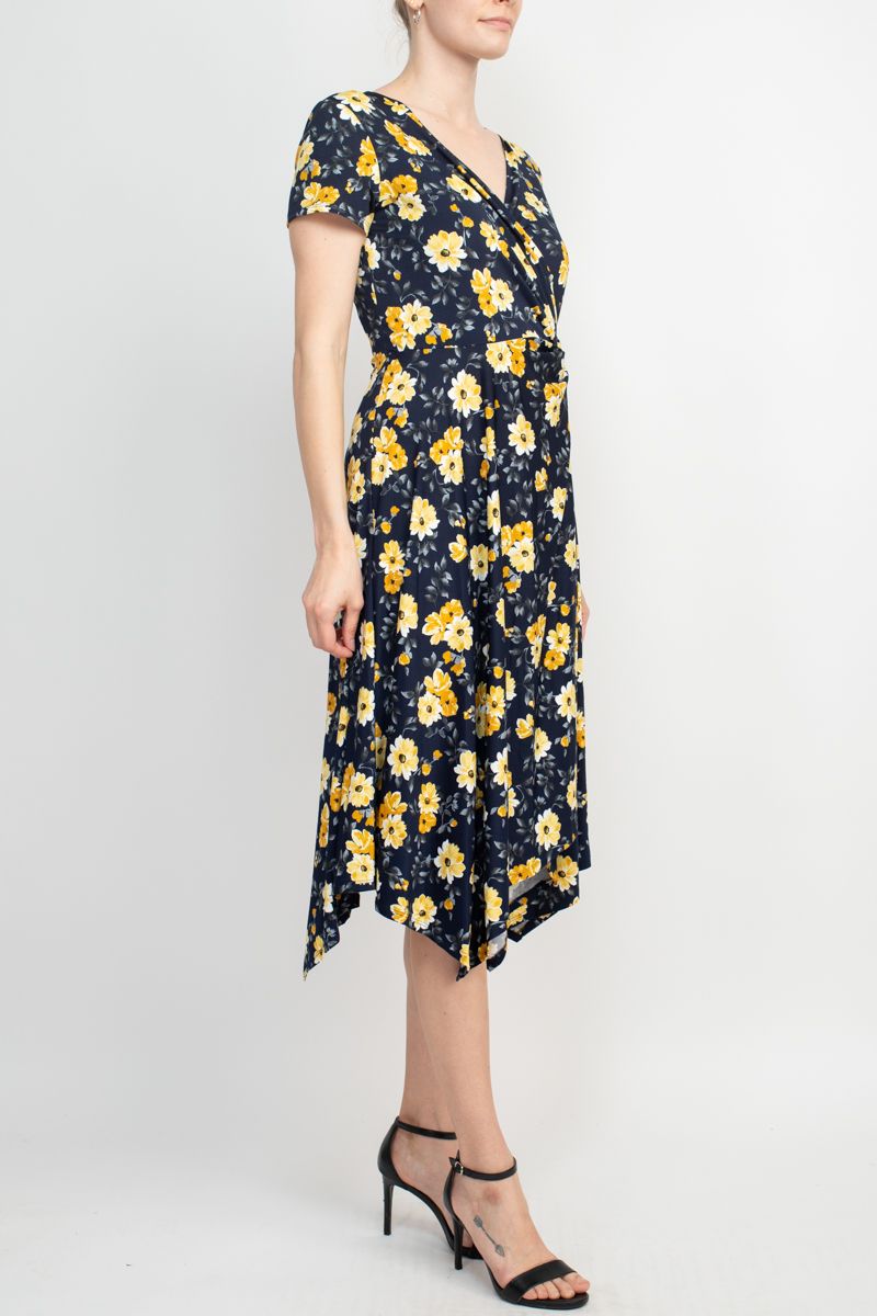 Perceptions V-Neck Short Sleeve Gathered Side Floral Print ITY Dress by Curated Brands