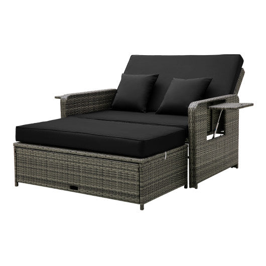 Patio Wicker Loveseat Sofa with Multipurpose Ottoman and Retractable Side Tray-Black