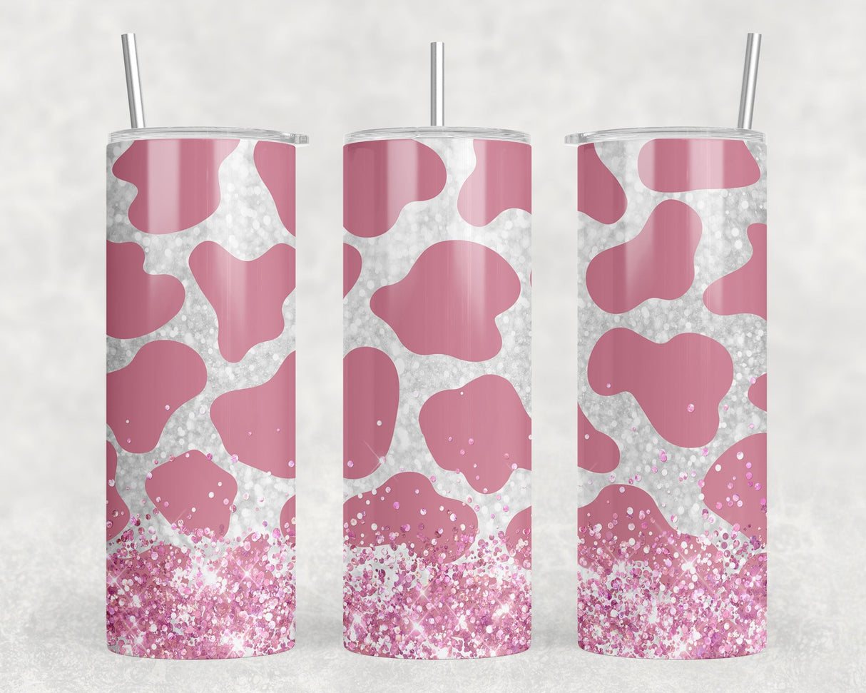 Pink Cow Print faux glitter - 20 oz Steel Skinny Tumbler - Optional Blue Tooth Speaker - Speaker Color will Vary by Rowdy Ridge Co