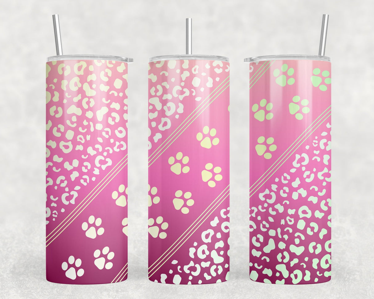 Pink Paw Prints - 20 oz Steel Skinny Tumbler - Optional Blue Tooth Speaker - Speaker Color will Vary by Rowdy Ridge Co