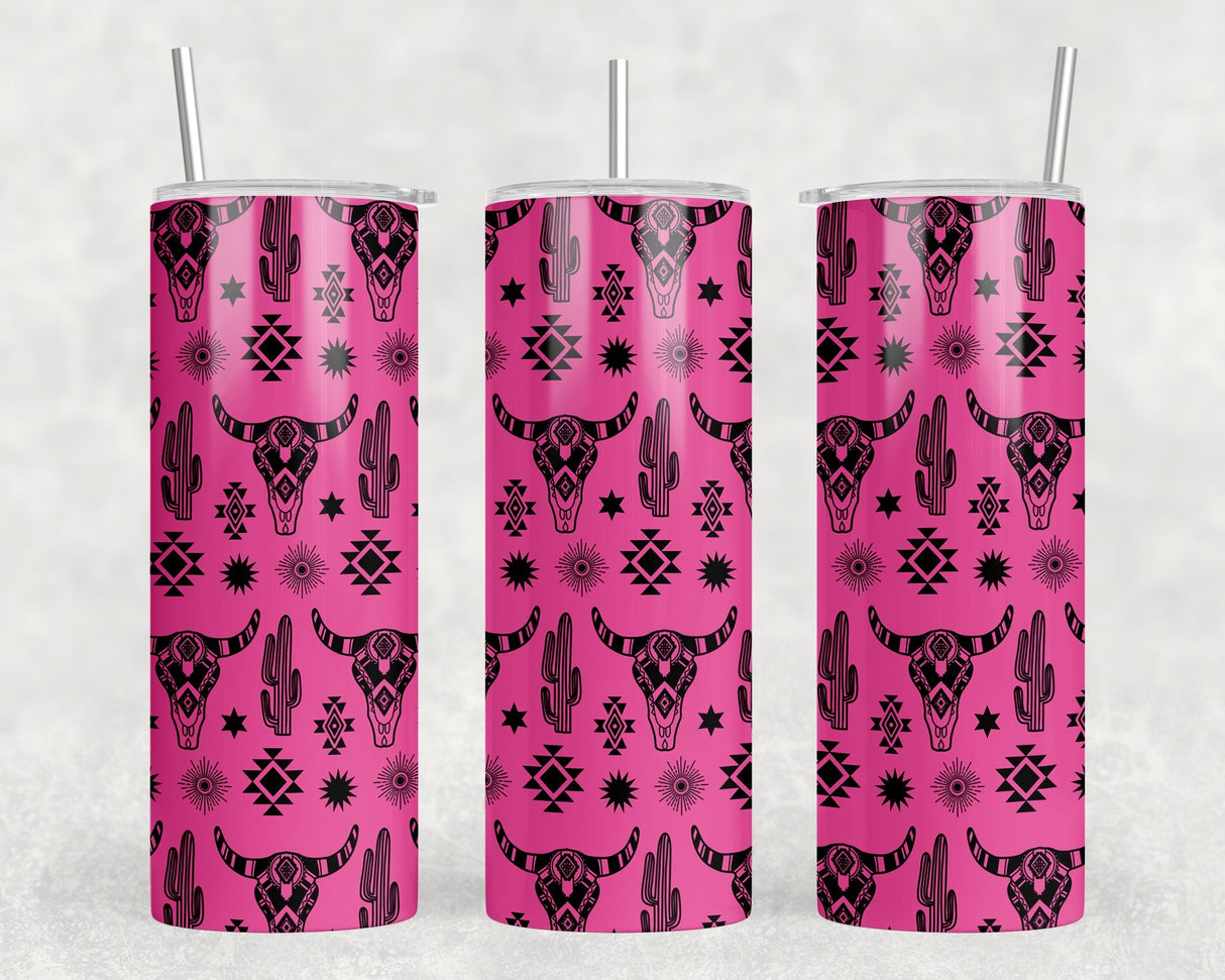 Pink Western Bull Skull - 20 oz Steel Skinny Tumbler - Optional Blue Tooth Speaker - Speaker Color will Vary by Rowdy Ridge Co