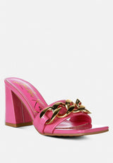 playdoll block heel sandal with metal chain detail by London Rag