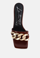 playdoll block heel sandal with metal chain detail by London Rag