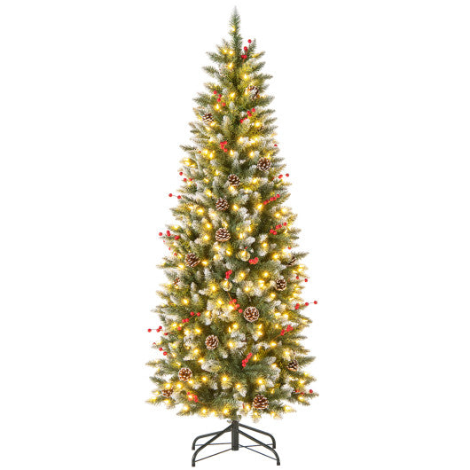 Pre-lit Artificial Pencil Christmas Tree with Pine Cones and Red Berries-6 ft