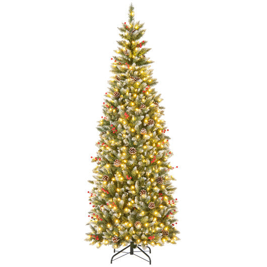 Pre-lit Artificial Pencil Christmas Tree with Pine Cones and Red Berries-7 ft