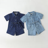 Baby Solid Color Butoon Front Denim Shirt Combo Shorts Sets In Summer by MyKids-USA™