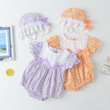 Baby Girl Floral Pattern Lace Patchwork Round Collar Short-Sleeved Colorful Cotton Onesies With Hat by MyKids-USA™